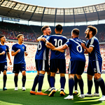 A vibrant football (soccer) team celebrating a victory in a stadium, showcasing a mix of young, energetic players and seasoned veterans. The scene should emphasize teamwork and the joy of winning. Include football-related items and stadium background.