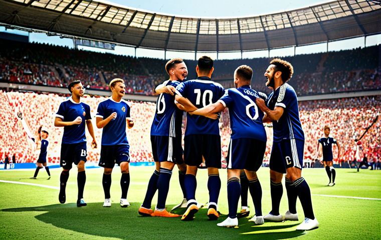 A vibrant football (soccer) team celebrating a victory in a stadium, showcasing a mix of young, energetic players and seasoned veterans. The scene should emphasize teamwork and the joy of winning. Include football-related items and stadium background.