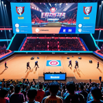 ** A vibrant esports tournament scene in Malaysia. Focus on the crowd and the players on stage. Include elements of Malaysian culture like batik patterns subtly incorporated into the stage design or team jerseys. The lighting should be dynamic and exciting, with the FC Online logo prominently displayed. People should be cheering and excited.

**