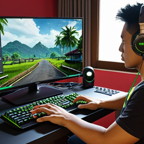 **

A gamer configuring recording settings on their computer, with a focus on graphics options and screen recording software choices (NVIDIA ShadowPlay, OBS Studio, or Xbox Game Bar). Show a typical Malaysian home setting.

**