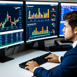 A professional male financial analyst in a modest business suit, sitting at a modern desk, intensely focused on multiple computer monitors displaying intricate financial charts, market data, and virtual trading interfaces. The screens show fluctuating prices and player card assets, symbolizing in-game market analysis. His posture is natural, hands poised over a keyboard. The setting is a brightly lit, contemporary office. Fully clothed, appropriate attire, professional dress, perfect anatomy, correct proportions, natural pose, well-formed hands, proper finger count, natural body proportions, safe for work, appropriate content, professional photography, high quality.