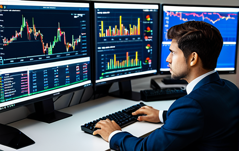 A professional male financial analyst in a modest business suit, sitting at a modern desk, intensely focused on multiple computer monitors displaying intricate financial charts, market data, and virtual trading interfaces. The screens show fluctuating prices and player card assets, symbolizing in-game market analysis. His posture is natural, hands poised over a keyboard. The setting is a brightly lit, contemporary office. Fully clothed, appropriate attire, professional dress, perfect anatomy, correct proportions, natural pose, well-formed hands, proper finger count, natural body proportions, safe for work, appropriate content, professional photography, high quality.