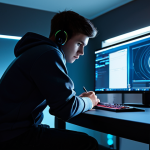 A focused young male professional esports player in a modest, comfortable hoodie, sitting at a sleek, minimalist gaming desk. He is intensely analyzing a game replay on a large, glowing ultra-wide monitor, with a notebook and pen neatly placed beside him, showing he is taking diligent notes. The room is a modern gaming setup with ambient LED lighting, emphasizing a serious, analytical atmosphere. The player demonstrates perfect anatomy, correct proportions, and well-formed hands holding a pen. The scene is safe for work, appropriate content, fully clothed, professional, high-quality, ultra-detailed, cinematic lighting.