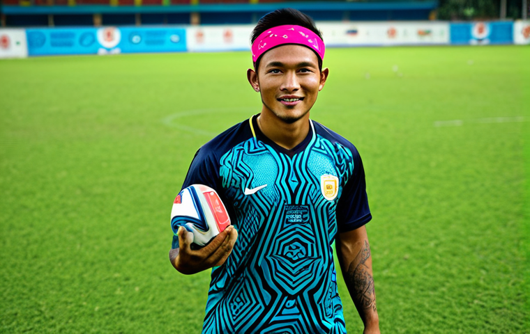 "Stylo" Malaysian Footballer**
A professional Malaysian footballer in a fully clothed, modern jersey with batik accents, appropriate attire, safe for work, a *songket* headband, well-formed hands, proper finger count, and a *keris*-inspired tattoo on his arm. He's on a vibrant urban football pitch in Kuala Lumpur, Malaysia. Perfect anatomy, natural proportions, professional photography, high quality, modest.
**